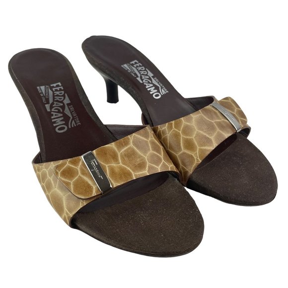 Salvatore Ferragamo Shoes - SALVATORE FERRAGAMO Crocodile Print Brown Leather Open Toe Kitten Heel Size 9